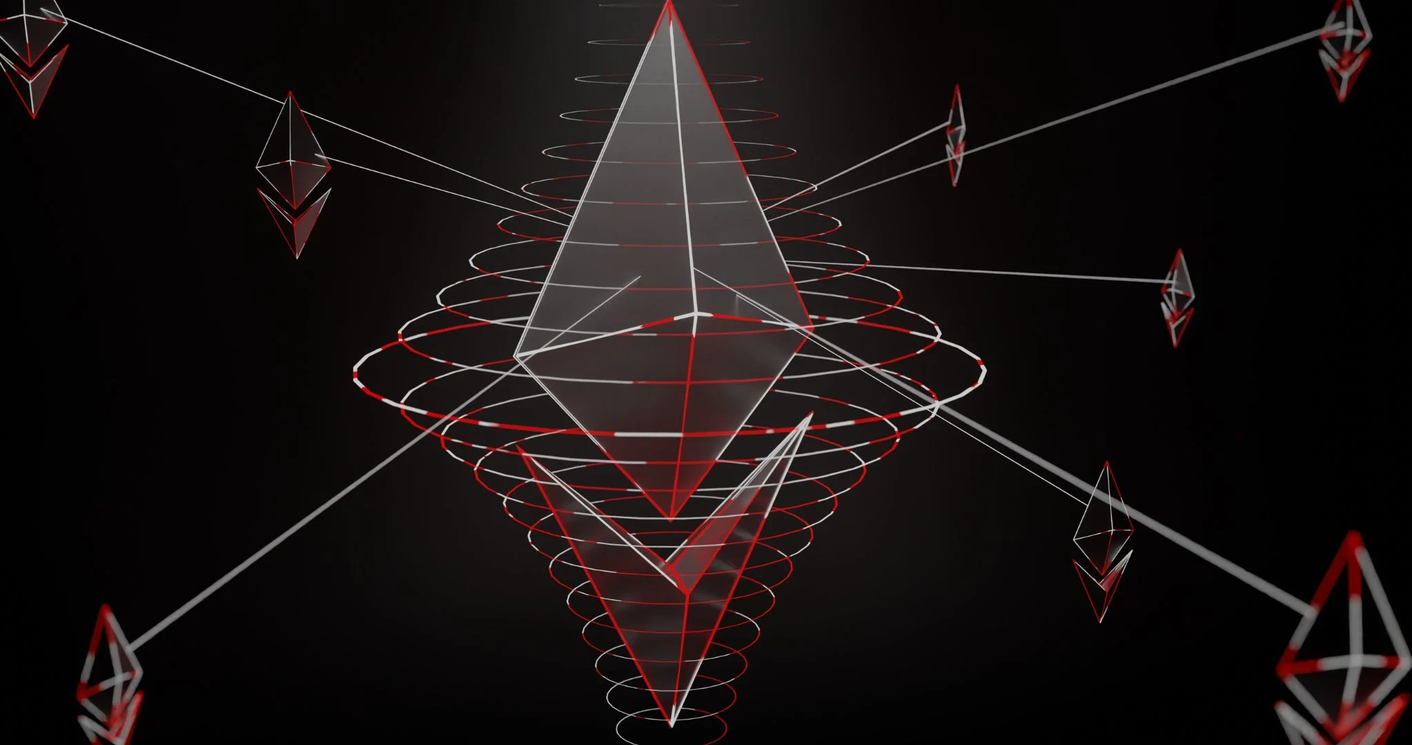 An ETH logo in 3D computer graphics, connected to other logos in space. Source: Shubham Dhage / Unsplash